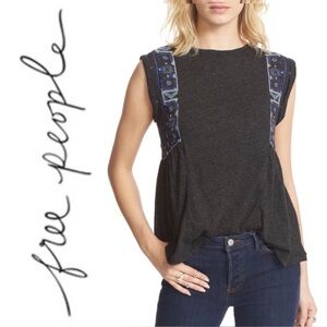 Free People ‘Marcy’ Sleeveless Embroidered Blue Peplum Tank Top Charcoal Gray M